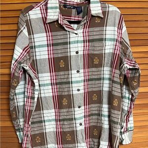 Krazy Kat Women’s Christmas Shirt Size L, Plaid w/Gingerbread Men Embellishment